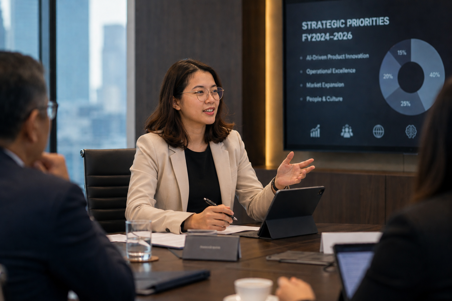 Mena Sevilla leading a strategy meeting with executives around a boardroom table